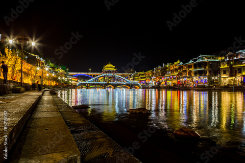 night scene of Fenghuang (Phoenix) ancient town Hunan China