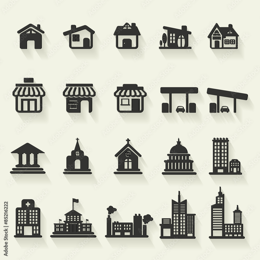 Silhouette house, church, shop, building, flat icon vector set Silhouette house, church, shop, building, flat icon vector set