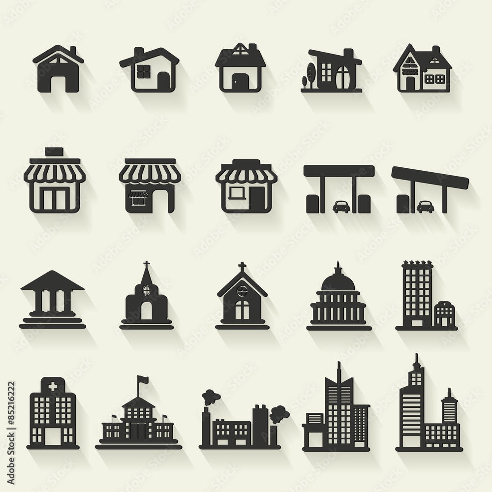 Silhouette house, church, shop, building, flat icon vector set