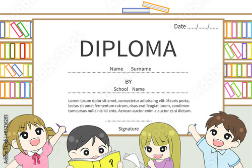 Cartoon elementary school children Diploma graduation certificate 