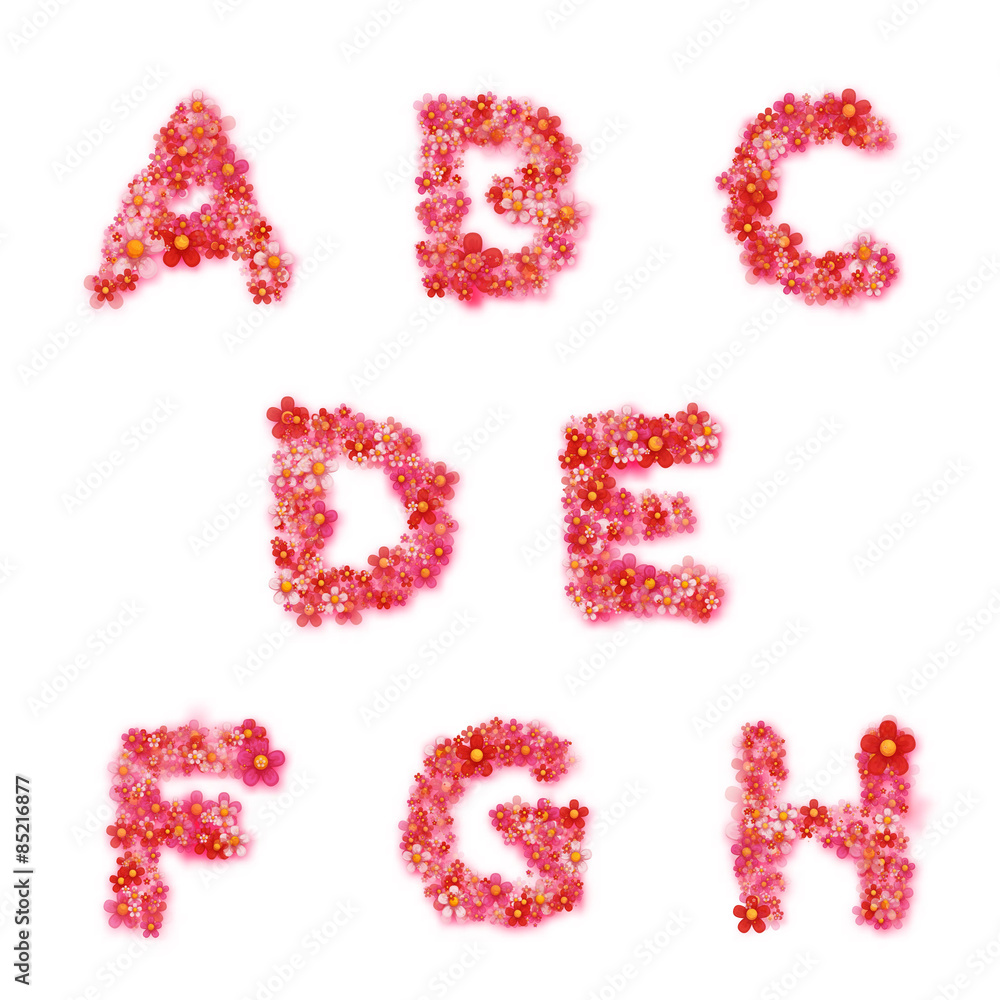 English floral alphabet. Bright font, letters, flowers. Vector