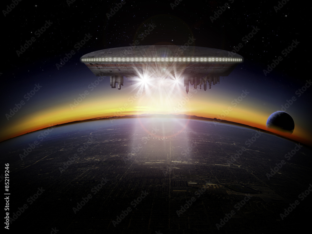 Fototapeta premium Alien planet and UFO spaceship at sunrise or sunset with a moon rising. Sci-fi Fantasy artwork.