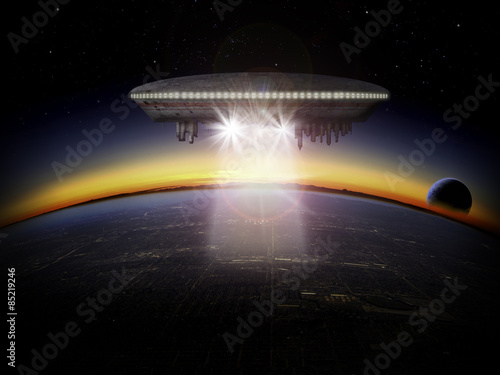 Fototapeta Alien planet and UFO spaceship at sunrise or sunset with a moon rising