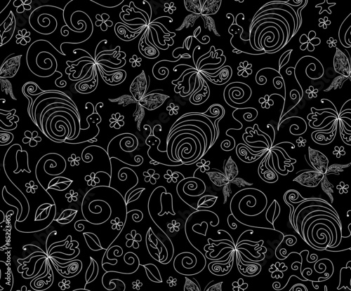 Natural vector seamless pattern with snails and butterflies