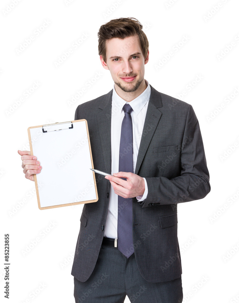 American businessman pen point to clipboard American businessman pen point to clipboard