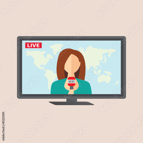 Television anchorwoman at studio during live broadcasting.