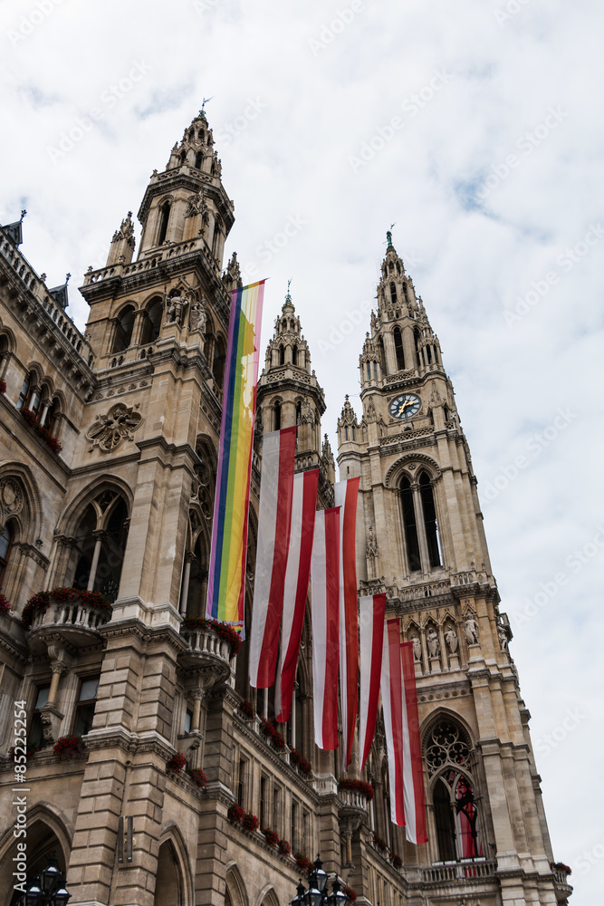 Fototapeta premium Wiener Rathaus mit Regenbogenfahne