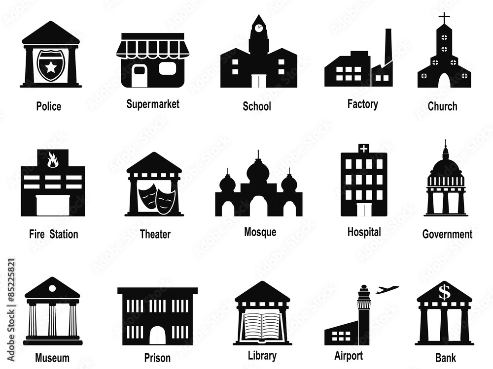 black government building icons set
