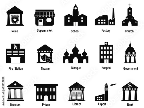 black government building icons set