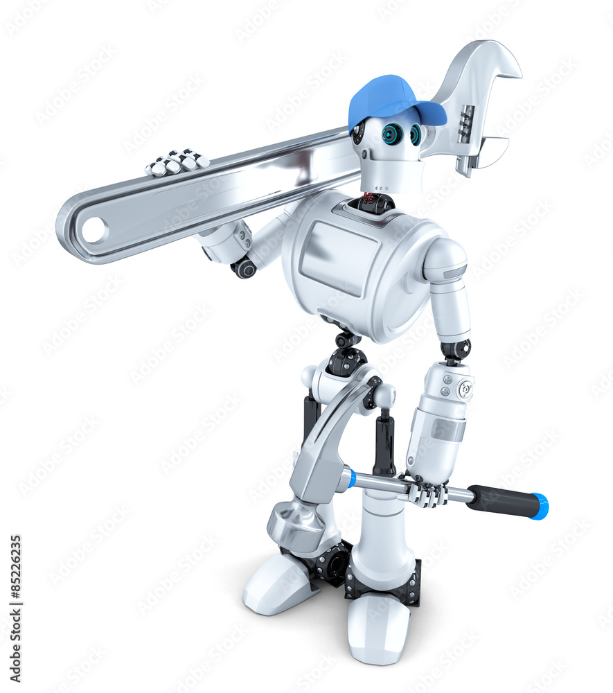 Robot with tools. Isolated. Contains clipping path Robot with tools. Isolated. Contains clipping path