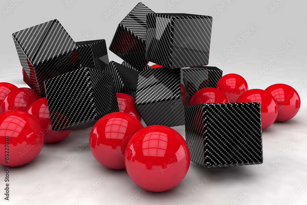 Red balls interact with black carbon cubes. 3D render image.