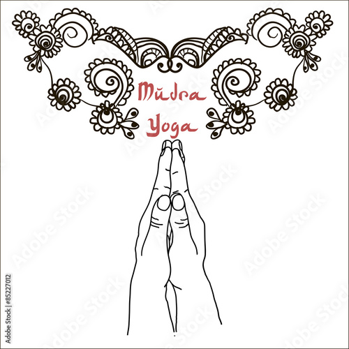 Element yoga mudra hands with mehndi patterns.
