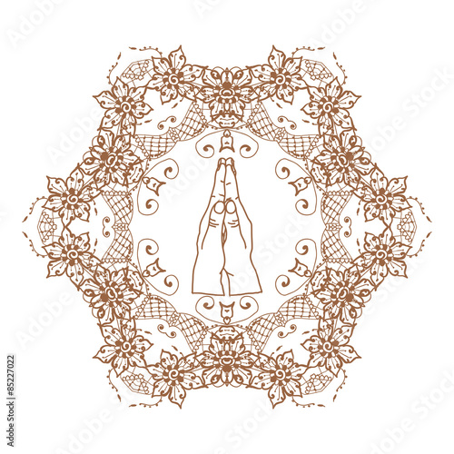 Element yoga mudra hands with mehndi patterns.
