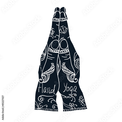 Element yoga mudra hands with mehndi patterns.