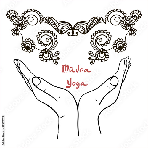 Element yoga mudra hands with mehndi patterns.