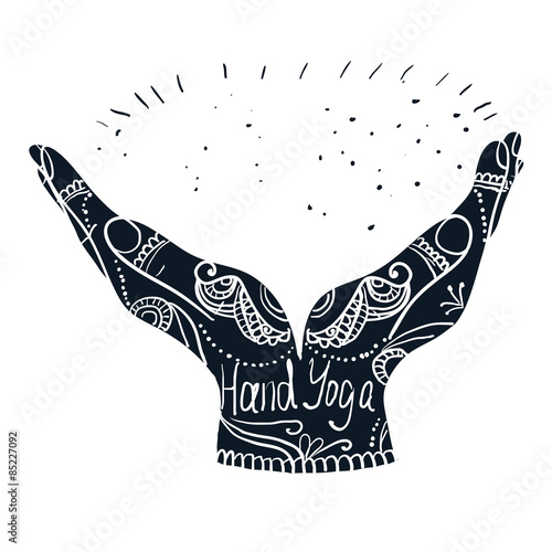 Element yoga mudra hands with mehndi patterns.