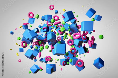 Explosion of different 3D objects in empty space. 3d render © marinv