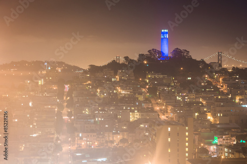 View of the Coit Tower at night  from Russian Hill  in San Franc