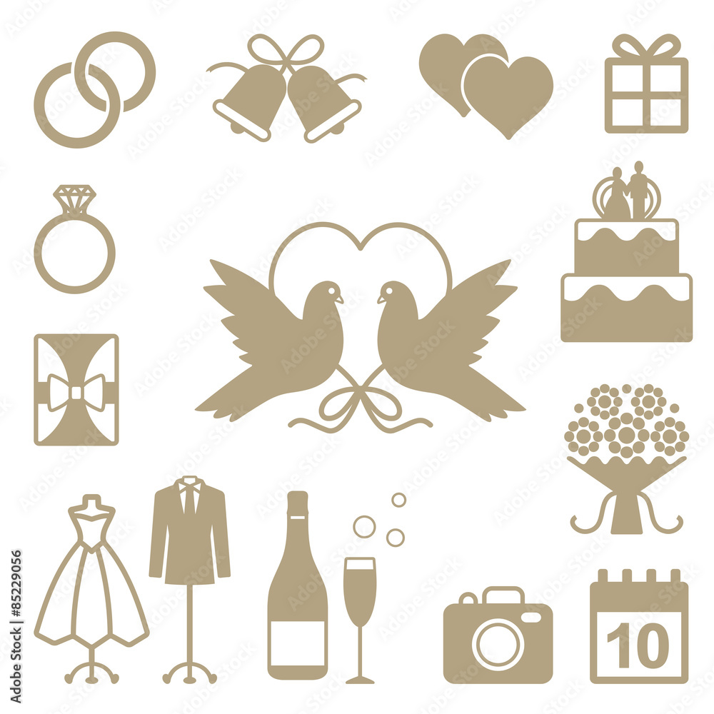 Wedding related vector silhouette icons set