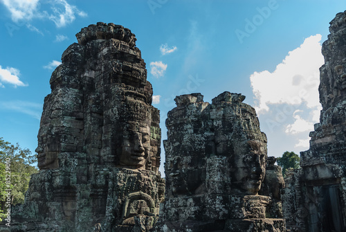 towers as metaphor of the mount meru with the head of lokeshvara and the face of jayavarman VII in the complex of the bayon in the archaeological angkor thom place in siam reap, cambodia