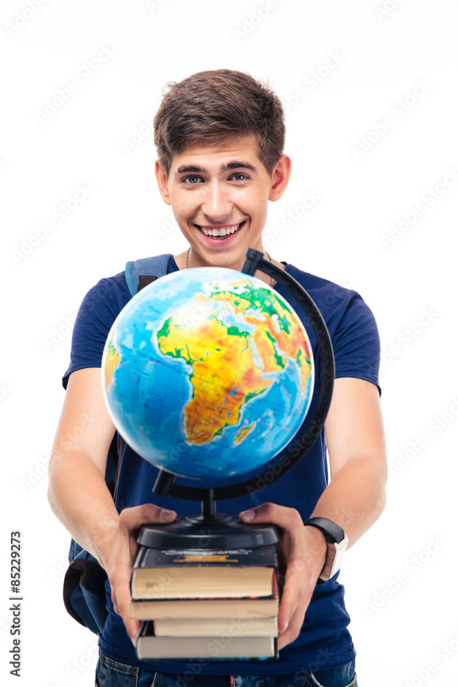 Happy male student holding books and globe Happy male student holding books and globe