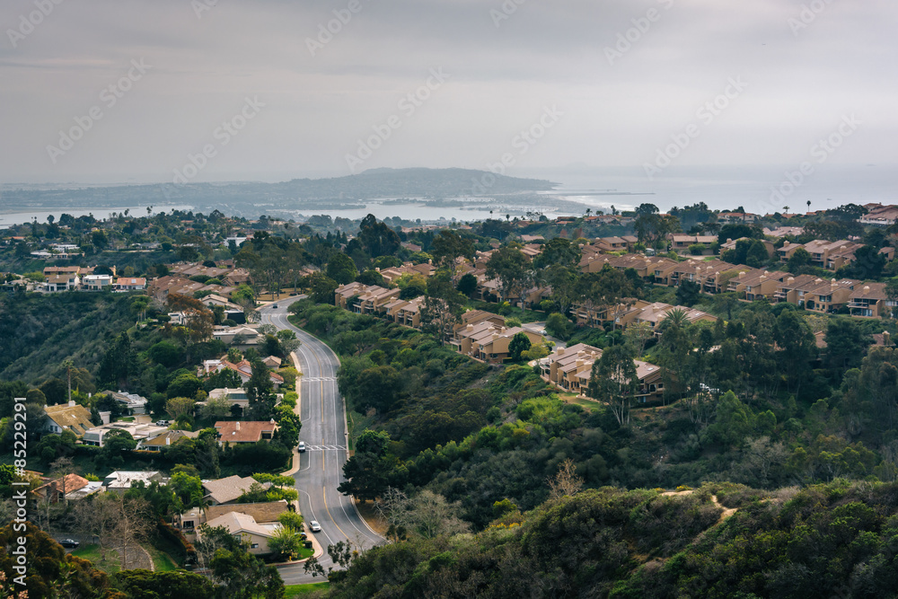 View of houses in the hills of La Jolla, from Mount Soledad, in