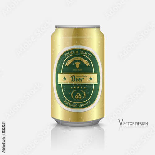 Beer can with beer label vector, with water drops