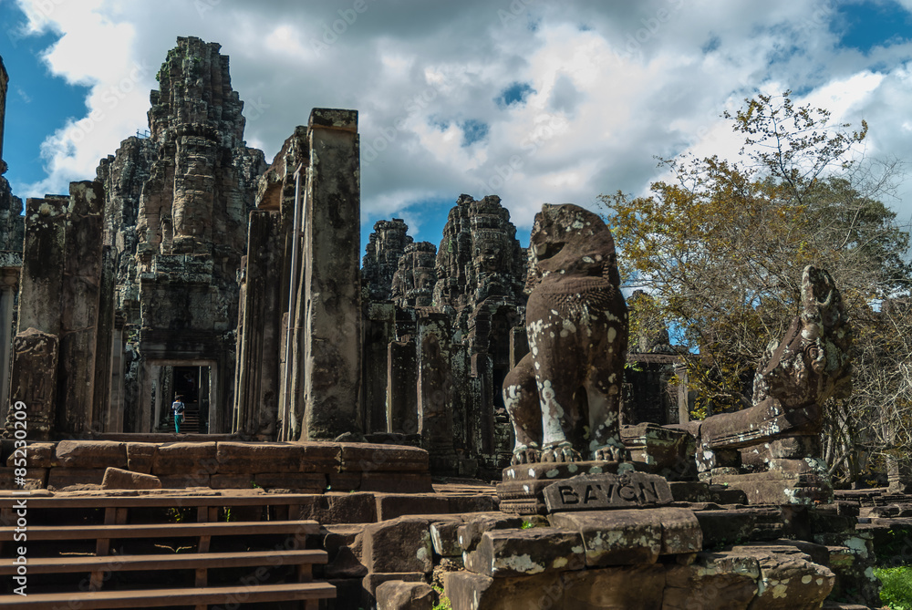 general sight of the complex of the bayon with lions and nagas in the archaeological angkor thom place in siam reap, cambodia