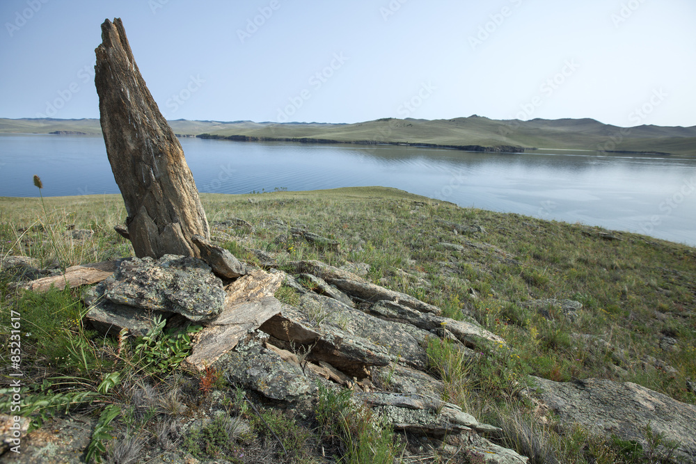 Man-made pyramid of stones and water, Baikal lake