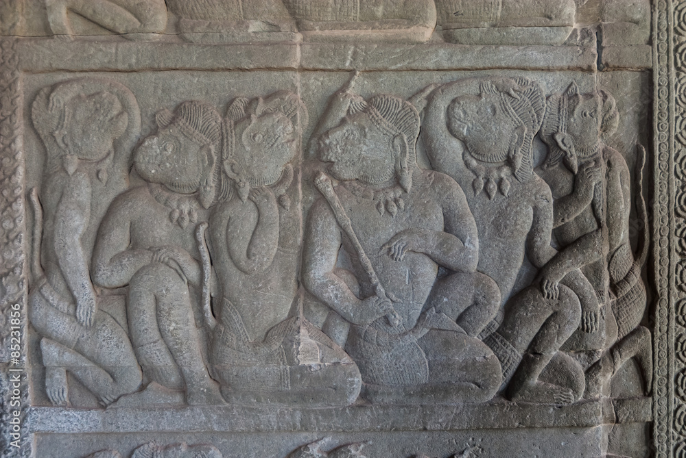 beings bas-reliefs in the shape of monkey in the archaeological place of angkor wat in siam reap, cambodia