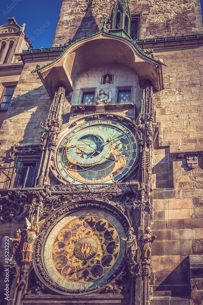 Obraz premium The Astronomical Clock in Prague - retro and vintage style