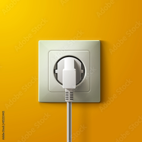 Realistic electric white socket and plug on yellow wall backgrou