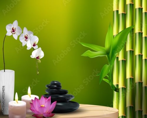 Bamboo, flower, stone, wax on the table. vector