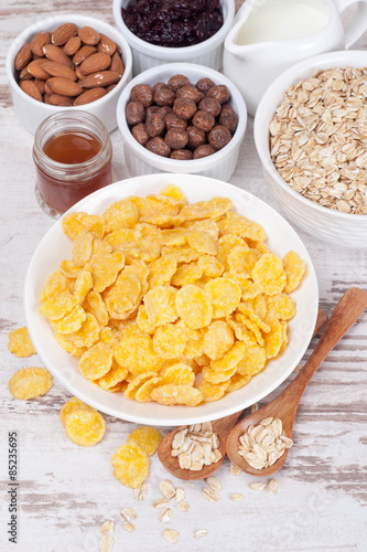 cornflakes and breakfast cereals, close-up, vertical