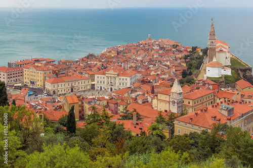 Panoramic view of the old seaside town Piran.
