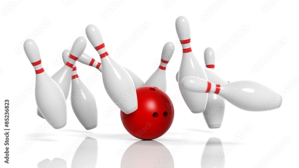 Bowling ball and pins in motion isolated on white background Bowling ball and pins in motion isolated on white background
