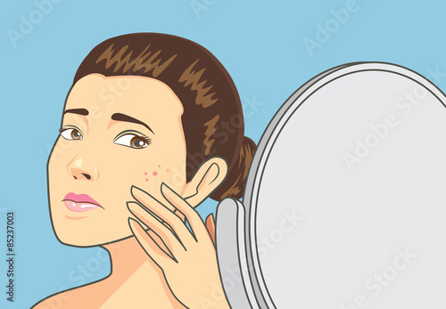 Women strain at back cosmetic mirror with problem acne face. Skin care concept