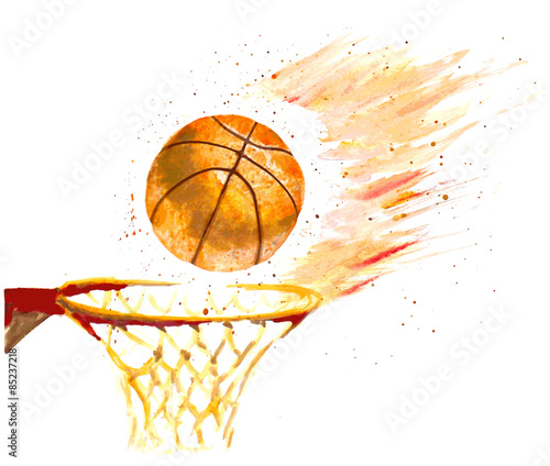 watercolor basketball ball thrown in a basket. vector
