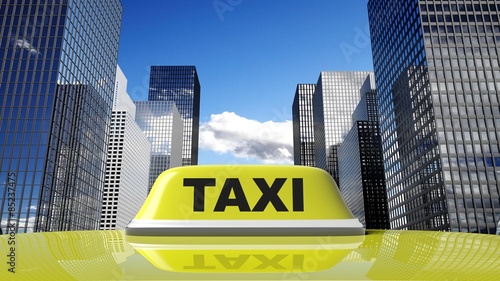 Yellow taxi car roof sign with city background