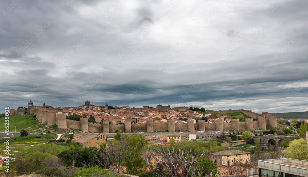 Cityscape and medieval Walls of Avila in Spain