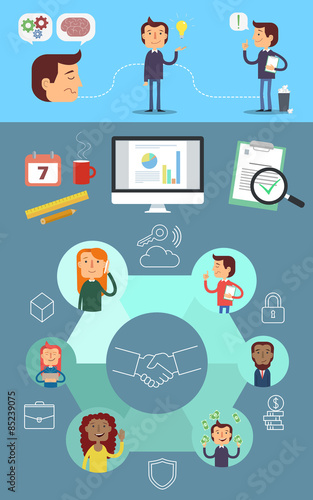 Vector business infographics. Brainstorm, Idea, Realization. Business tools and connections. 