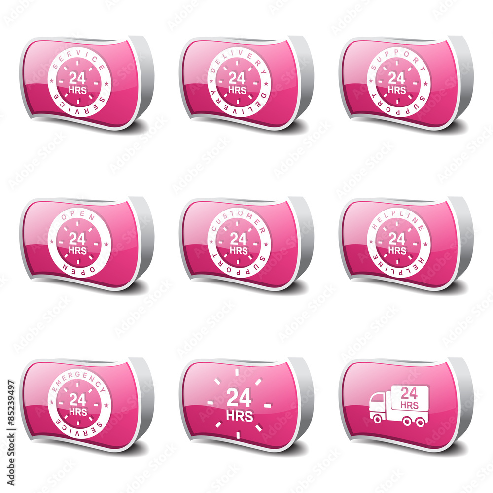24 Hours Services Pink Vector Button Icon Design Set