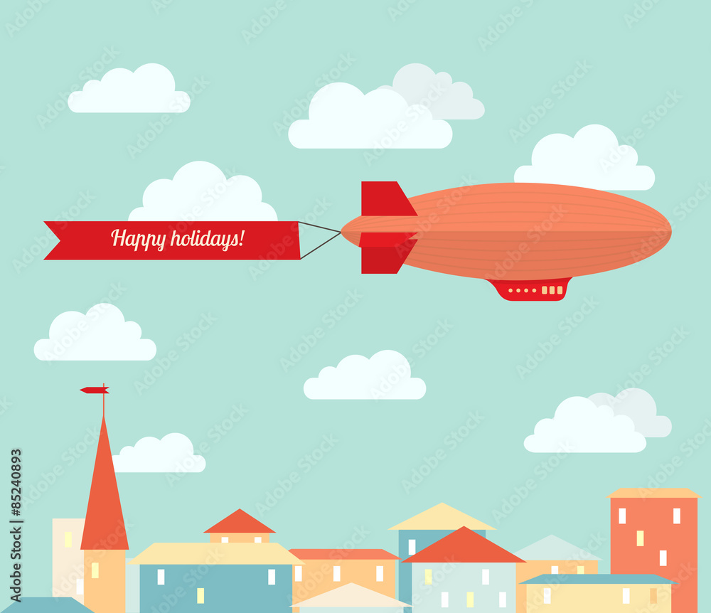 Airship in the cloudy sky, flying over the city. Flat vector ill