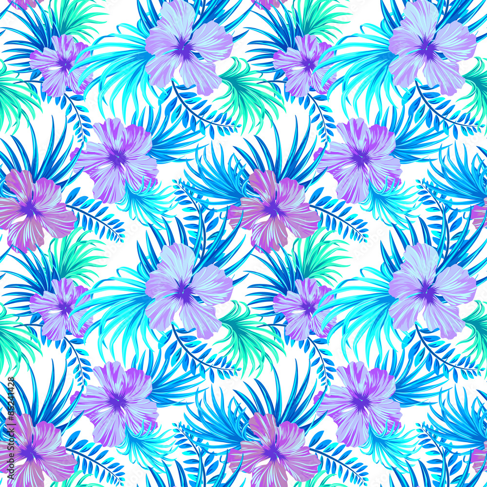 seamless tropical floral pattern. hibiscus and palm leaves on white background. classical aloha motifs in a juicy colorful pattern design in turquoise tints. seamless tropical floral pattern. hibiscus and palm leaves on white background. classical aloha motifs in a juicy colorful pattern design in turquoise tints.