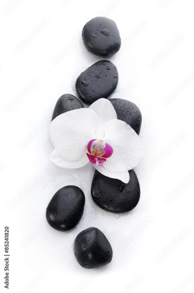 White orchid and spa stones  - obrazy, fototapety, plakaty 