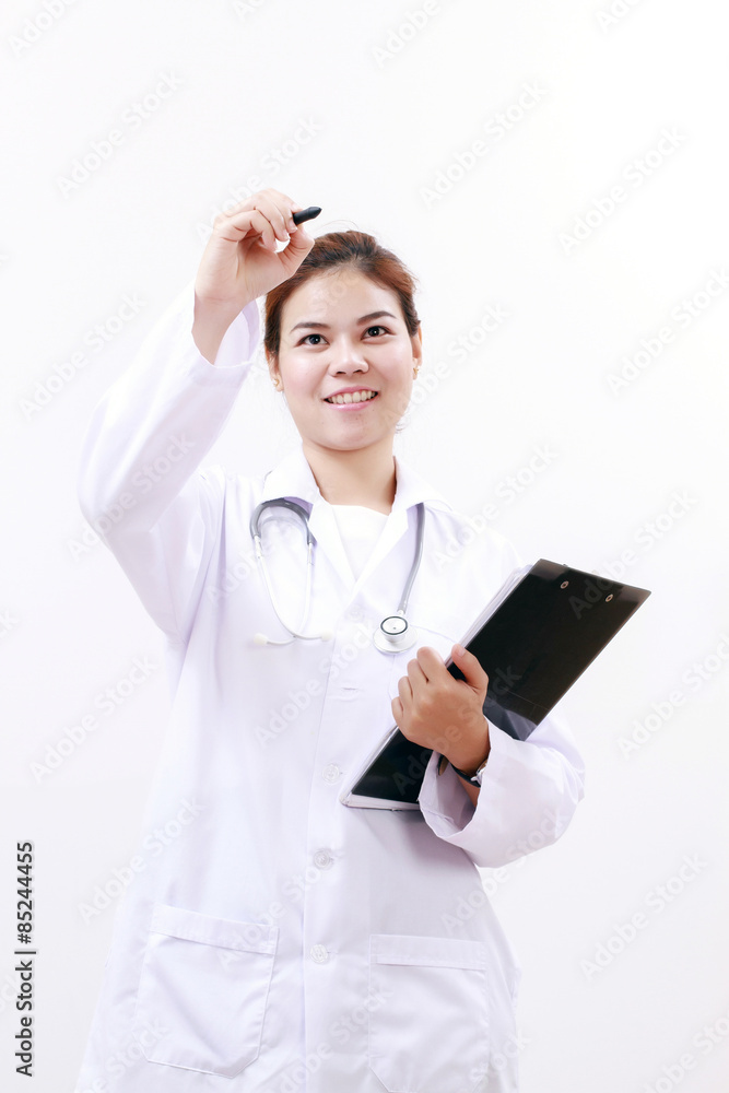 Smiling medical doctor woman asia with stethoscope and clipboard,on white background Smiling medical doctor woman asia with stethoscope and clipboard,on white background