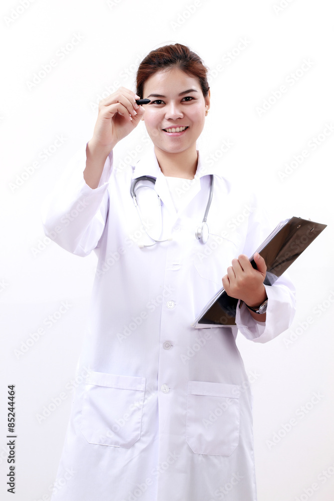 Smiling medical doctor woman asia with stethoscope and clipboard,on white background Smiling medical doctor woman asia with stethoscope and clipboard,on white background