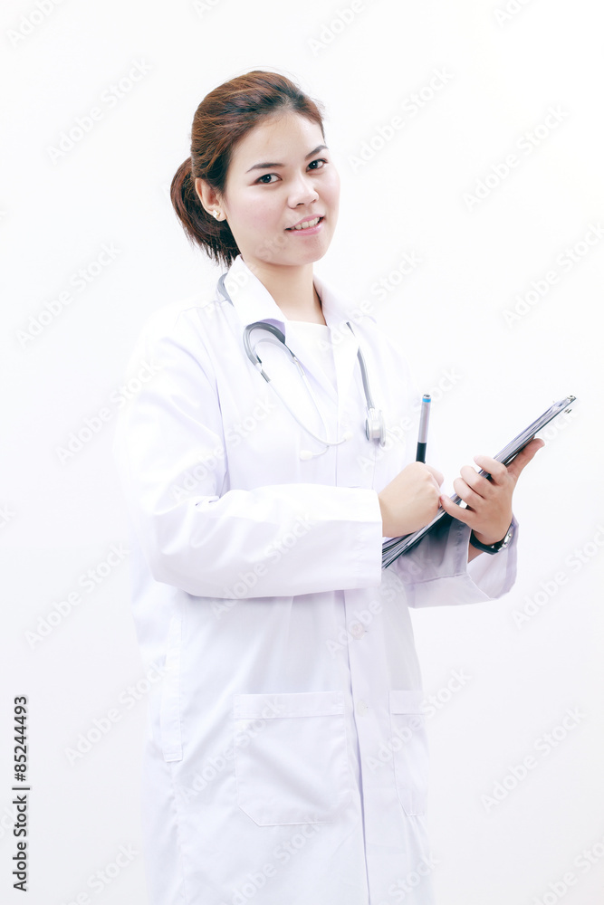 Smiling medical doctor woman asia with stethoscope and clipboard,on white background Smiling medical doctor woman asia with stethoscope and clipboard,on white background