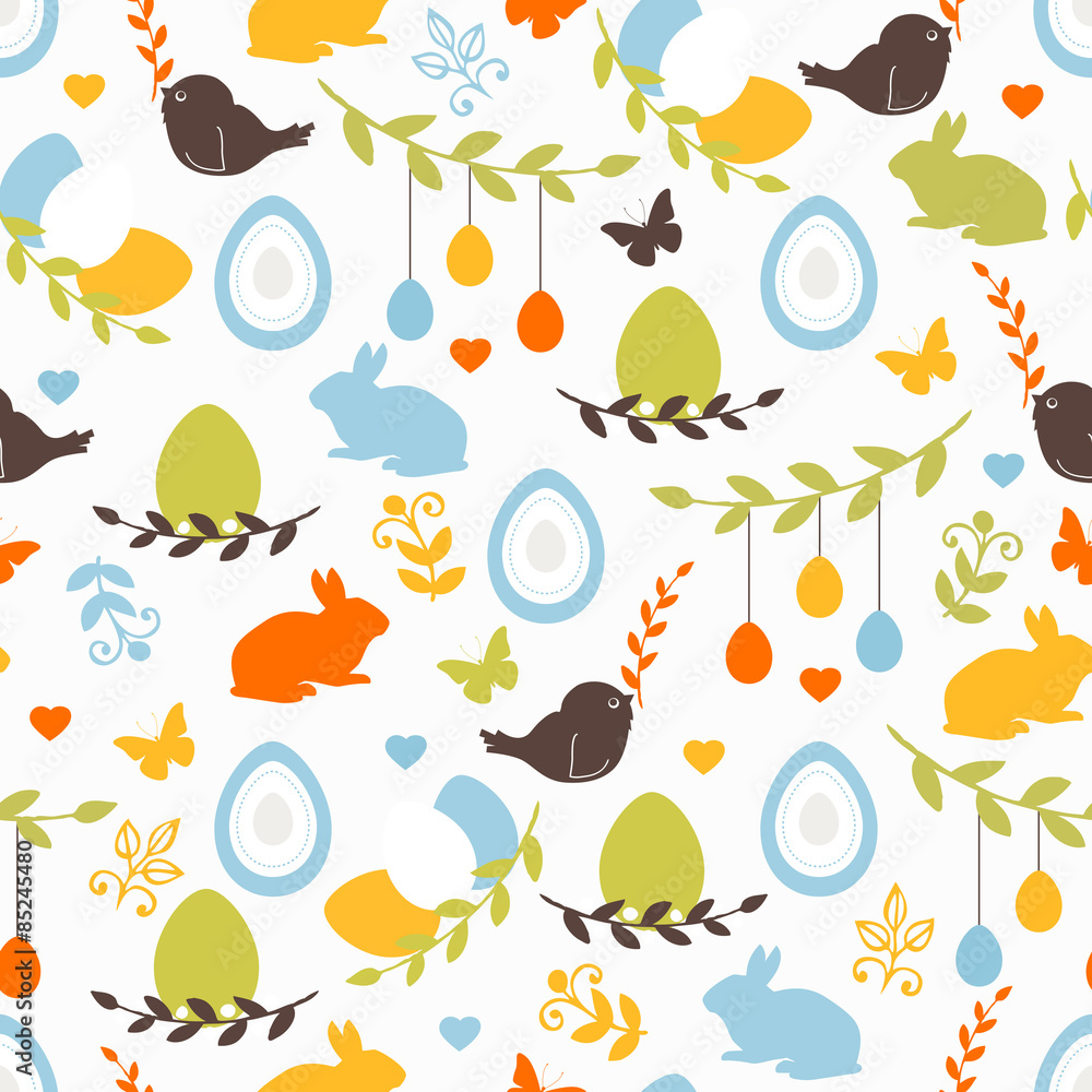 Obraz premium Vector seamless pattern with cute retro icons for Easter design. Easter background.