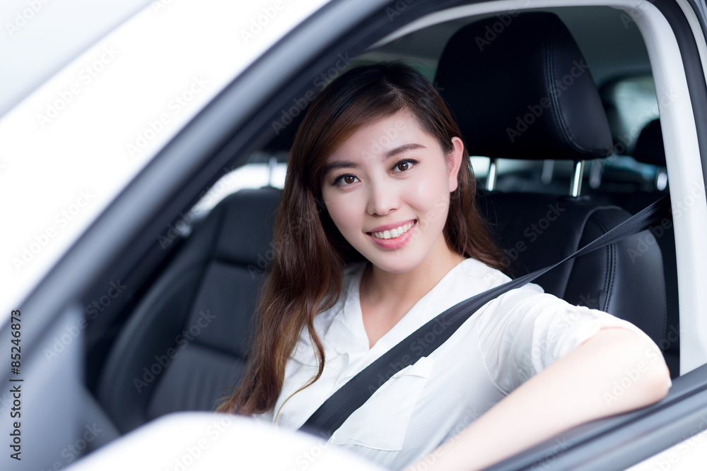 Asian beautiful woman driving car portrait